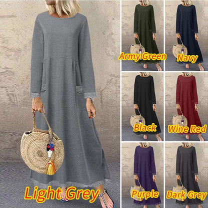 Vestido largo sencillo de color liso con mangas largas y costuras de encaje para mujer