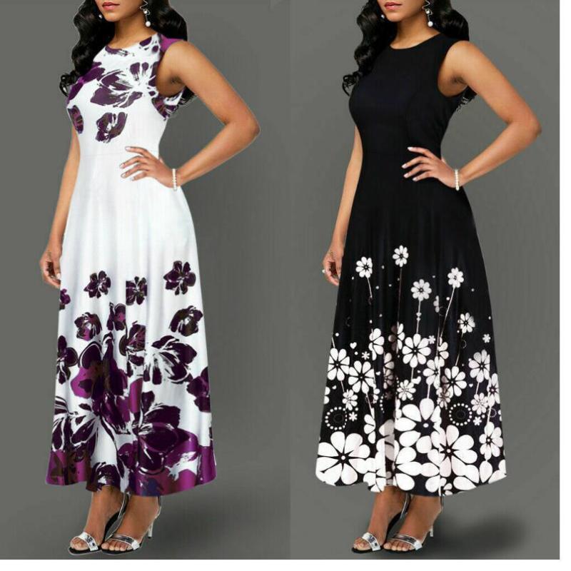 Vestido maxi con estampado floral sin mangas, elegante e informal para mujer