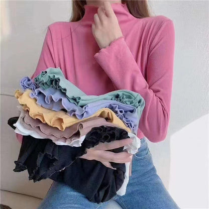 Camiseta básica informal de manga larga con cuello alto para mujer pequeña