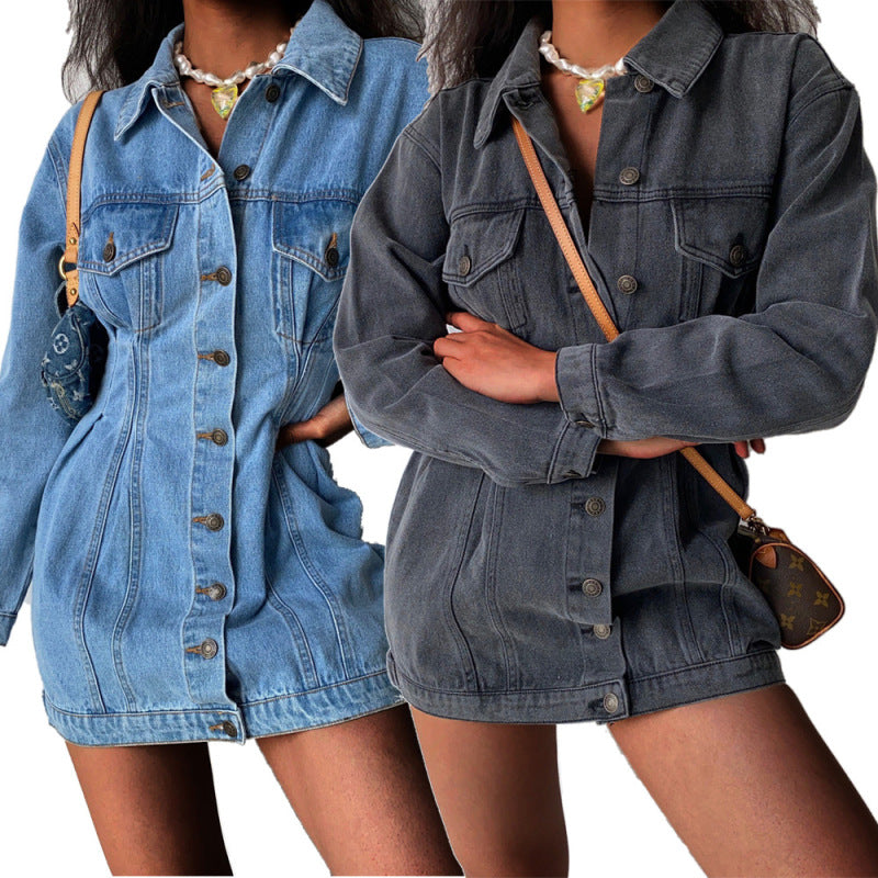 Women Denim Lapel Long Sleeve Button Waist Casual Dress