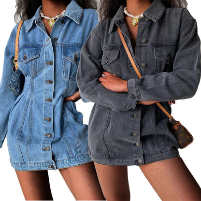 Women Denim Lapel Long Sleeve Button Waist Casual Dress