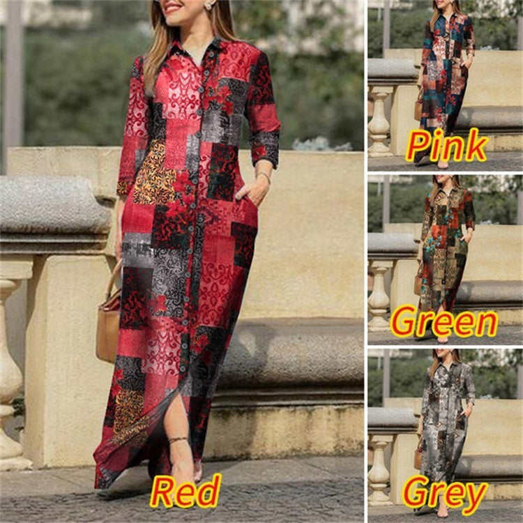Women Casual Floral Print Long Sleeve Buttoned Loose Maxi Dress