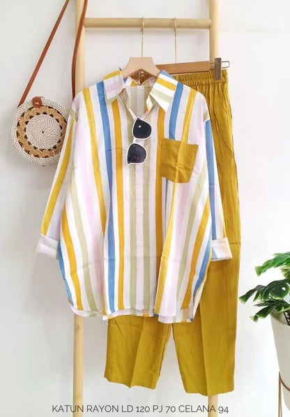 Conjunto de dos piezas de top y pantalón de manga larga informal a rayas para mujer