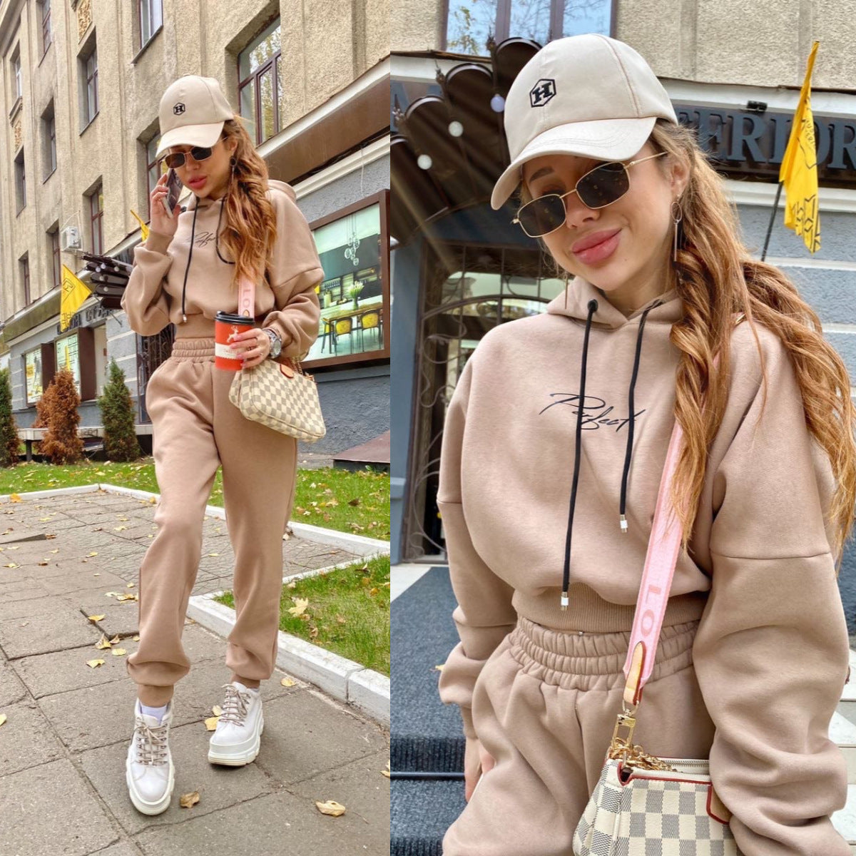 Conjunto deportivo informal de dos piezas con capucha y pantalones de chándal para mujer, color liso, para otoño e invierno