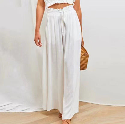 Women Solid Color Loose Casual Elastic Wasit Wide-Leg Pants