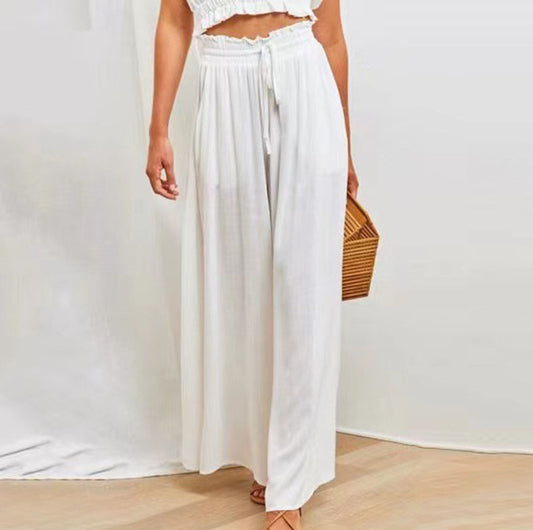Pantalones anchos de cintura elástica, informales, holgados, de color liso para mujer