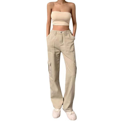 Women Fashion Casual Solid Color High-Waist Multi-Pocket Slim-Fit Pants