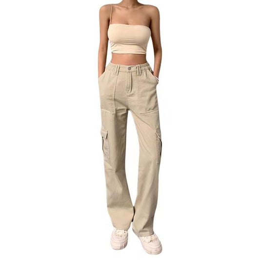 Pantalones casuales ajustados de cintura alta con múltiples bolsillos y color sólido para mujer
