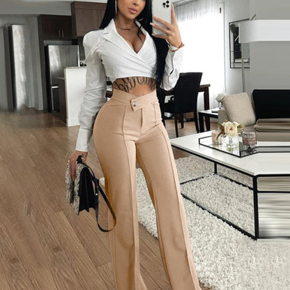 Women Fashion Casual Solid Color Wide Leg High Waist Slim Fit Pants