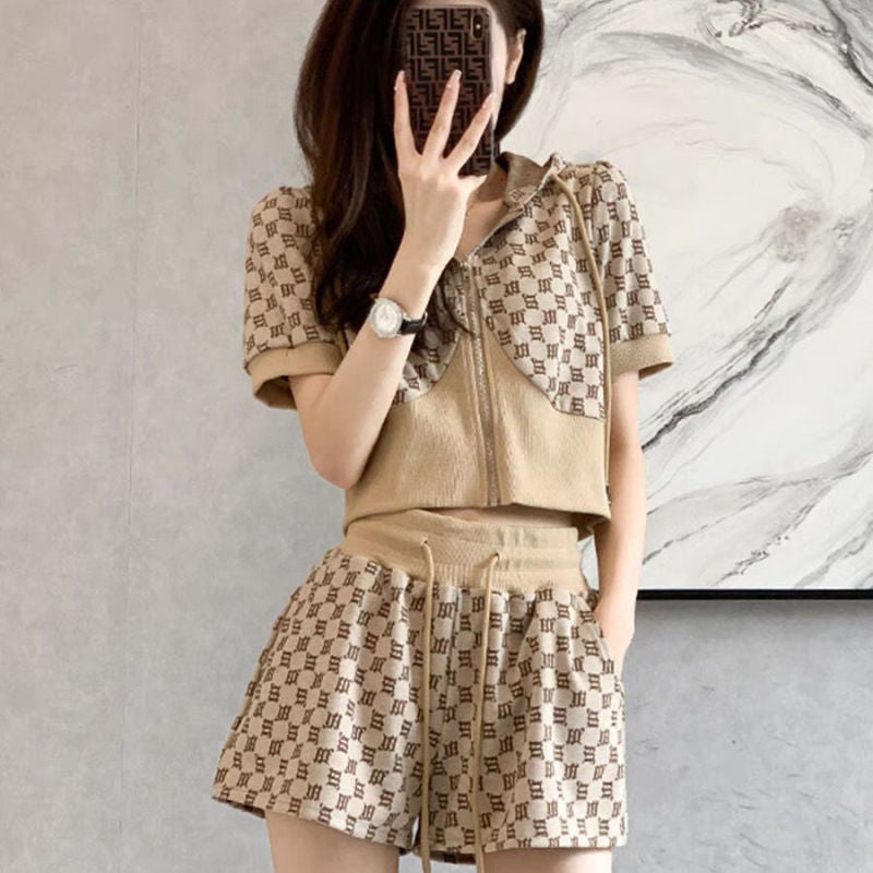 Conjunto de dos piezas informal de verano para mujer, con capucha, manga corta, cremallera, pantalones cortos de pierna ancha
