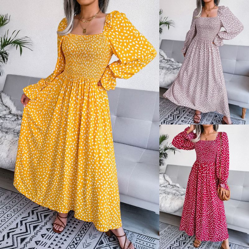 Women Fashion Casual Vacation Beach Dot Print Square Collar Long Sleeve Maxi Dress