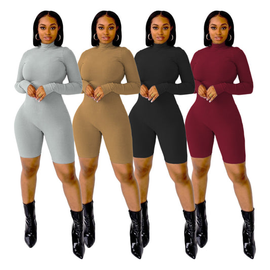 Women Casual Solid Color Pit Strip Zipper Long Sleeve Rompers