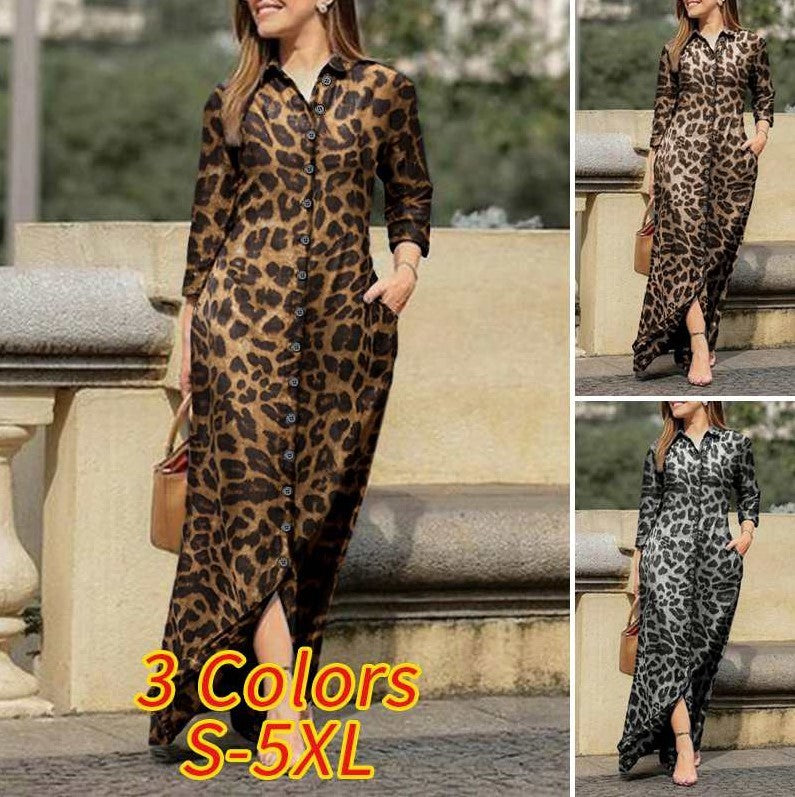 Women Casual Leopard Long Sleeve Button Maxi Shirt Dress