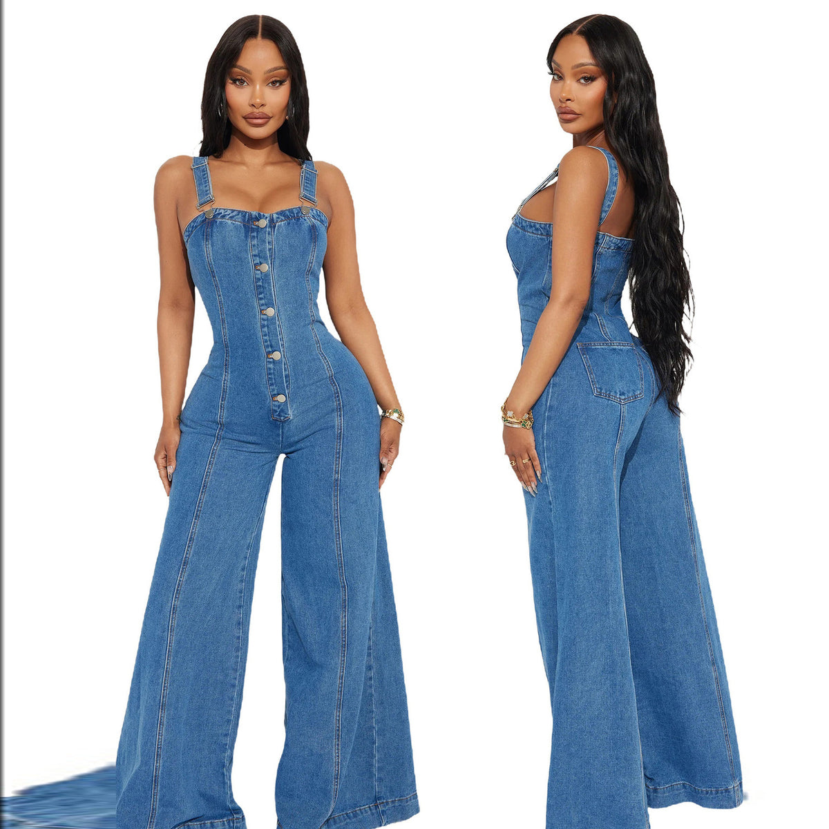 Women Fashion Casual Sexy Strap Denim Jumpsuit Wide Leg Pants