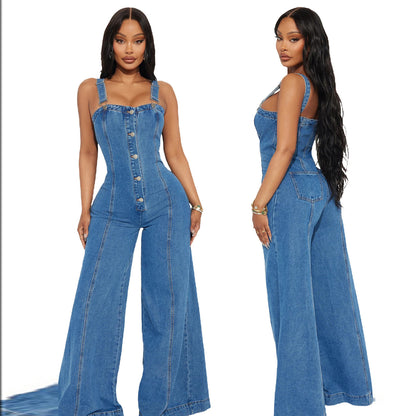 Women Fashion Casual Sexy Strap Denim Jumpsuit Wide Leg Pants