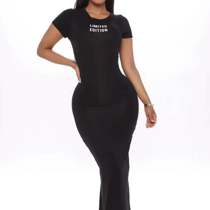 Women Fashion Casual Basic Letter Print Short Sleeve Round Neck Tight Dress