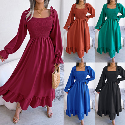 Women Fashion Casual Square Collar Large Ruffled Maxi Dress