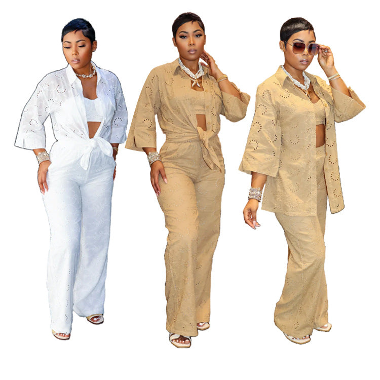 Conjunto de tres piezas de chaqueta y pantalones de manga larga con encaje calado y camisola informal a la moda para mujer