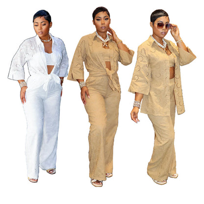 Conjunto de tres piezas de chaqueta y pantalones de manga larga con encaje calado y camisola informal a la moda para mujer