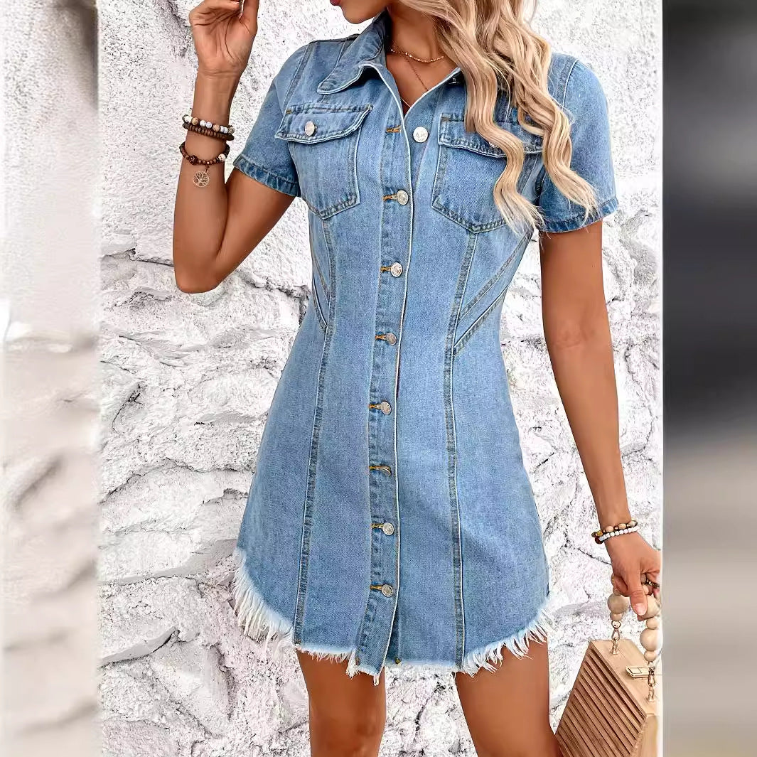 Women Fashion Casual Lapel Short Sleeve Pockets Denim Dress