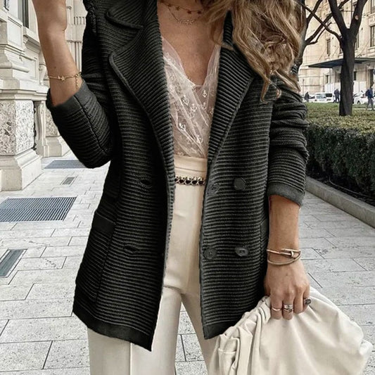 Chaqueta de pana de manga larga con textura informal de color liso para otoño e invierno para mujer