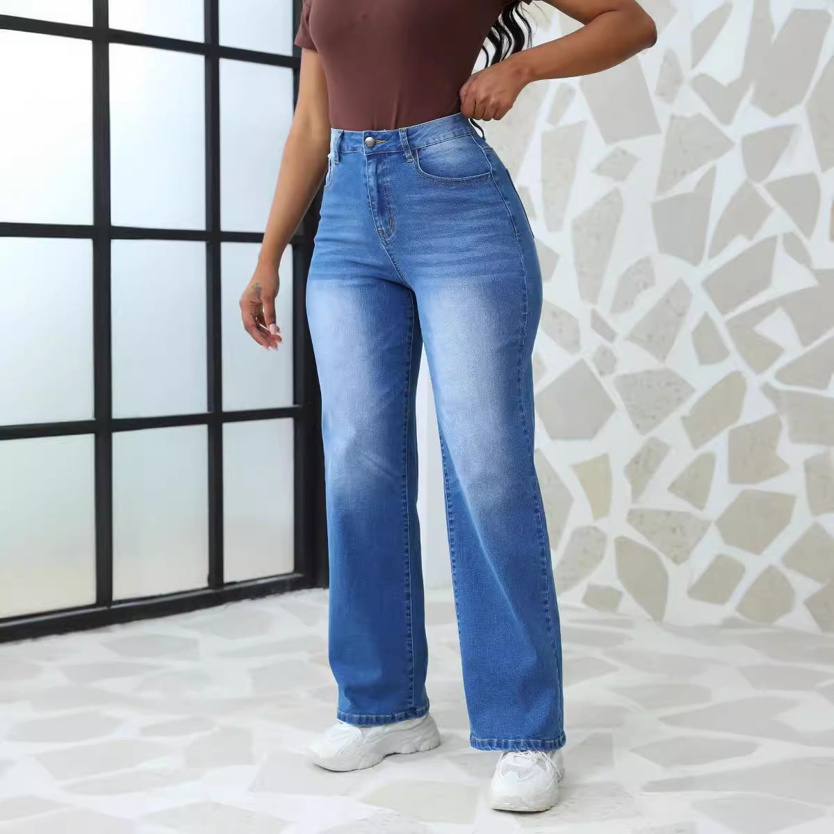 Vaqueros rectos de cintura alta informales a la moda para mujer