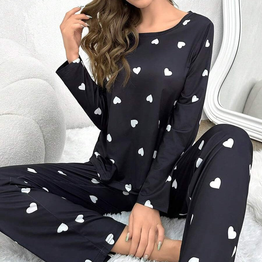 Conjunto de pijama largo informal de dos piezas con estampado de corazones para mujer