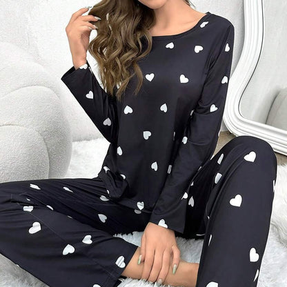 Conjunto de pijama largo informal de dos piezas con estampado de corazones para mujer