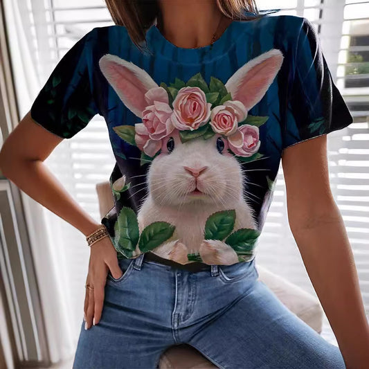 Camiseta informal de manga corta con cuello redondo y estampado de conejo de Pascua para mujer