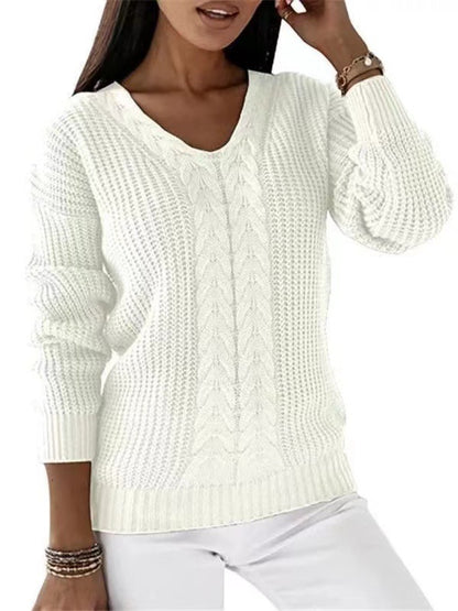 Women Fashion Casual V-Neck Long Sleeve Solid Color Knitted Sweater