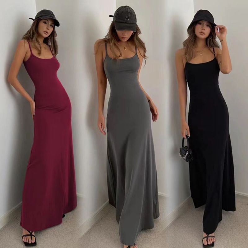 Vestido maxi informal de verano con tirantes finos, básico y sexy para mujer, de color liso