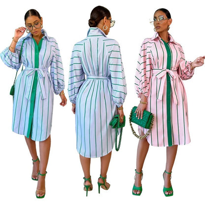 Fashion Women Stripe Print Casual Long Sleeve Lapel Shirt Dress