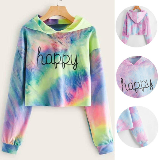 Sudadera corta informal con estampado tie-dye de manga larga para mujer