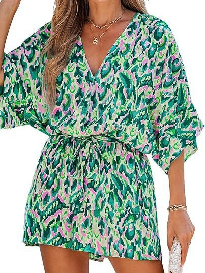 Women Fashion Casual Printed V-Neck Short-Sleeve Lace-Up Rompers