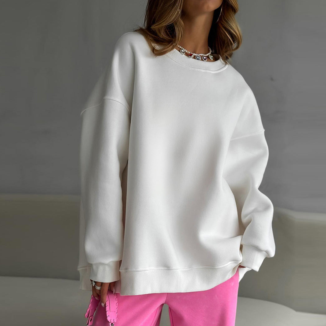 Sudadera de manga larga con cuello redondo y holgado de color liso para mujer de otoño e invierno