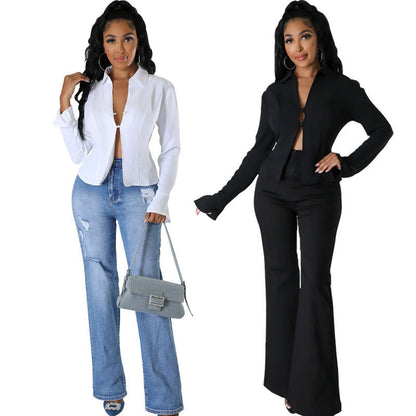 Camisa informal de manga larga con tirantes y escote en V profundo para mujer