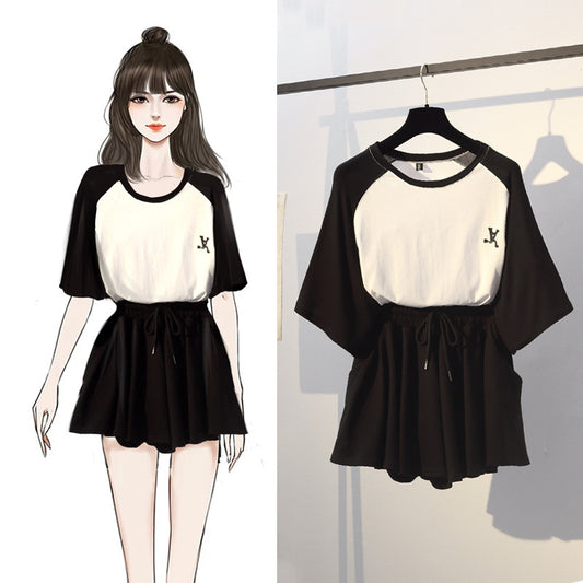 Conjunto de camiseta de manga corta y pantalones cortos holgados con bloques de color para mujer, informal, de verano, de talla grande