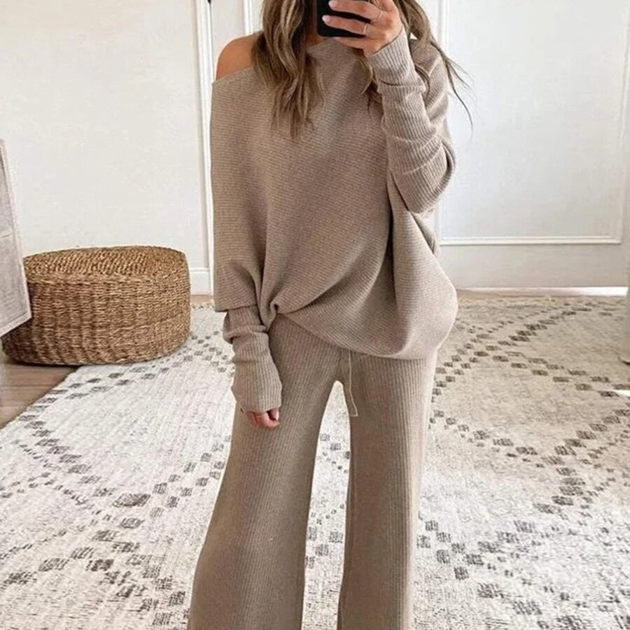 Conjunto de dos piezas formado por top y pantalón informal, manga larga, cuello redondo, color liso, para mujer, otoño e invierno