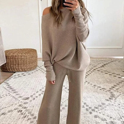 Conjunto de dos piezas formado por top y pantalón informal, manga larga, cuello redondo, color liso, para mujer, otoño e invierno