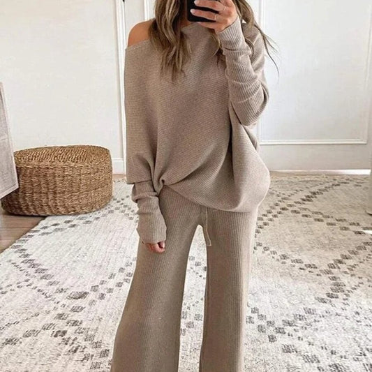Conjunto de dos piezas formado por top y pantalón informal, manga larga, cuello redondo, color liso, para mujer, otoño e invierno