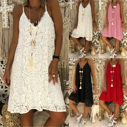Women Elegant Sexy Solid Color Lace Loose Summer Boho V Neck Casual Slip Dress