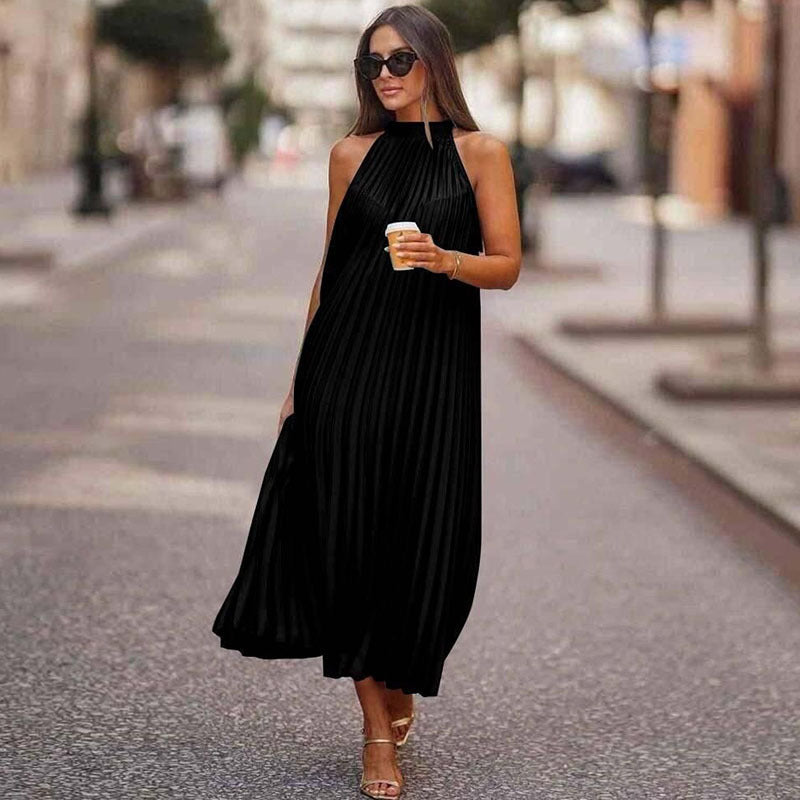 Vestido plisado sin mangas con cuello redondo informal a la moda para mujer