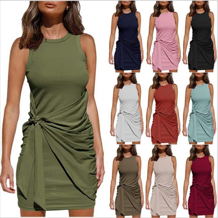 Vestido informal sin mangas con lazo de color liso a la moda para mujer