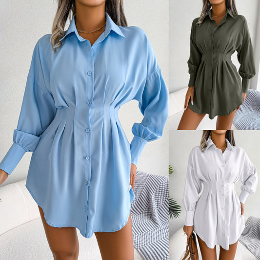 Women Casual Lantern Sleeve Single Breasted Waist Irregular Solid Color Shirt Dress