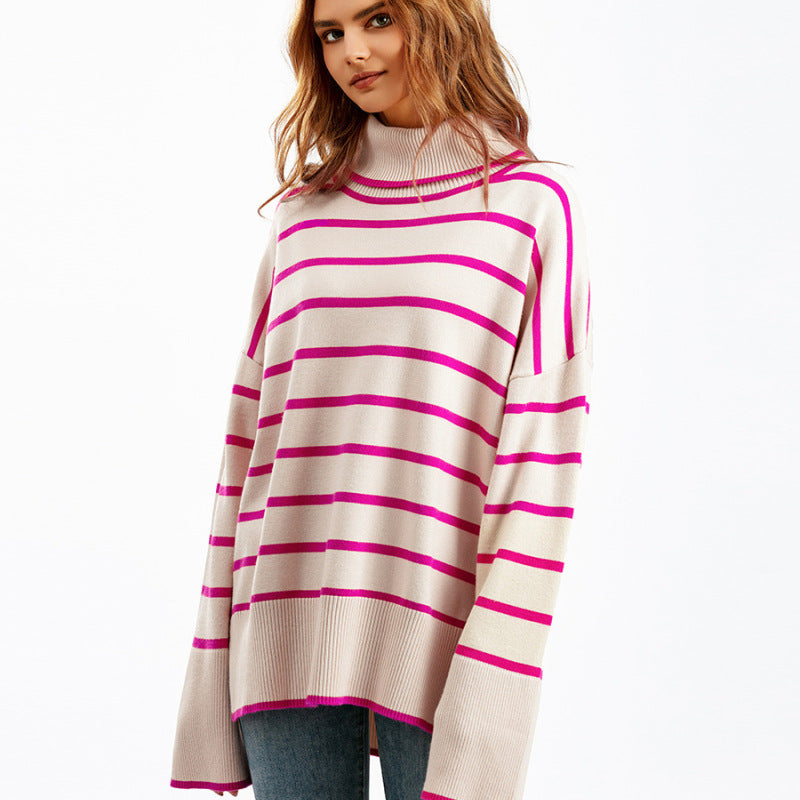 Autumn And Winter Women Casual Stripe Turtleneck Knitted Sweater