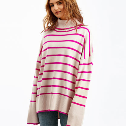Autumn And Winter Women Casual Stripe Turtleneck Knitted Sweater