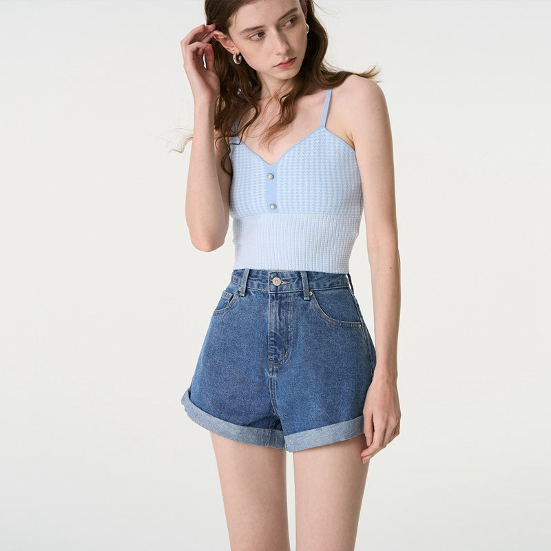Women Fashion Casual Loose Denim Roll-Up Shorts