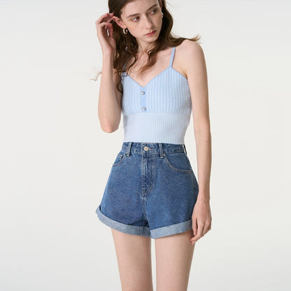 Women Fashion Casual Loose Denim Roll-Up Shorts