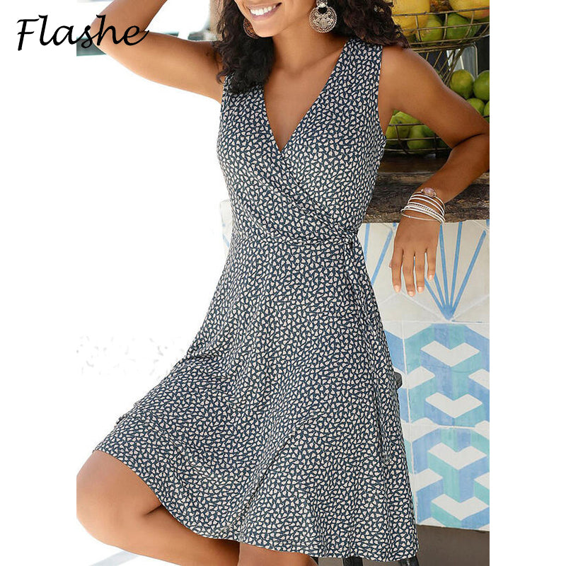 Women Elegant Casual Polka Dot V Neck Sleeveless Bandage Beach Summer Bohemian Plus Size Dress
