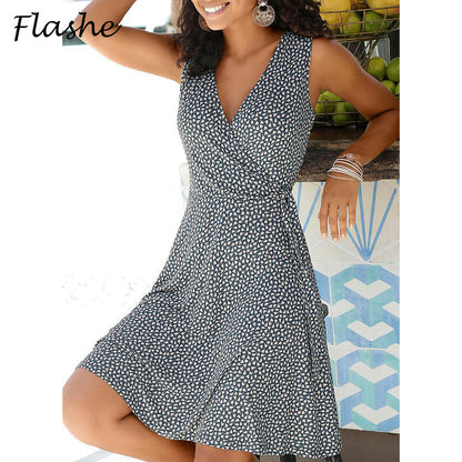 Women Elegant Casual Polka Dot V Neck Sleeveless Bandage Beach Summer Bohemian Plus Size Dress